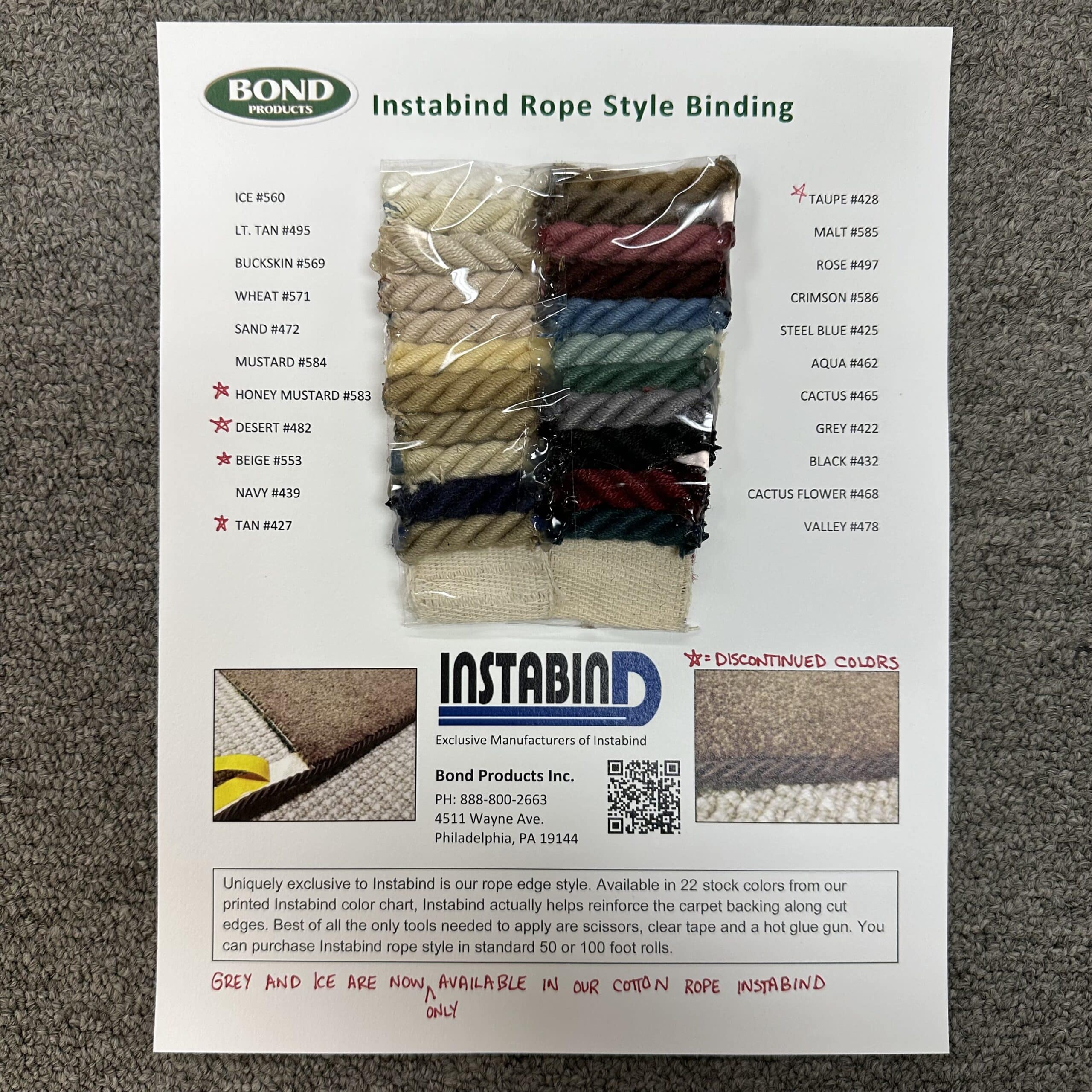 Instabind Rope Style Sample Chart - Bond Products Inc